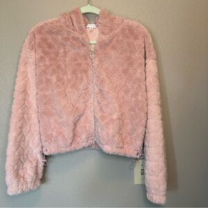 Crave Fame Pink Heart Cropped Faux Fur Soft Plush Bomber Moto Glam Barbie Jacket